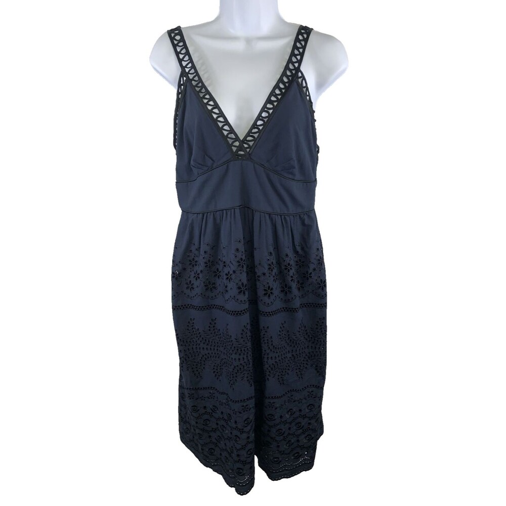Cynthia Steffe Dress Size 10 Dark Blue Embroidered Cutwork Eyelet Empire Waist